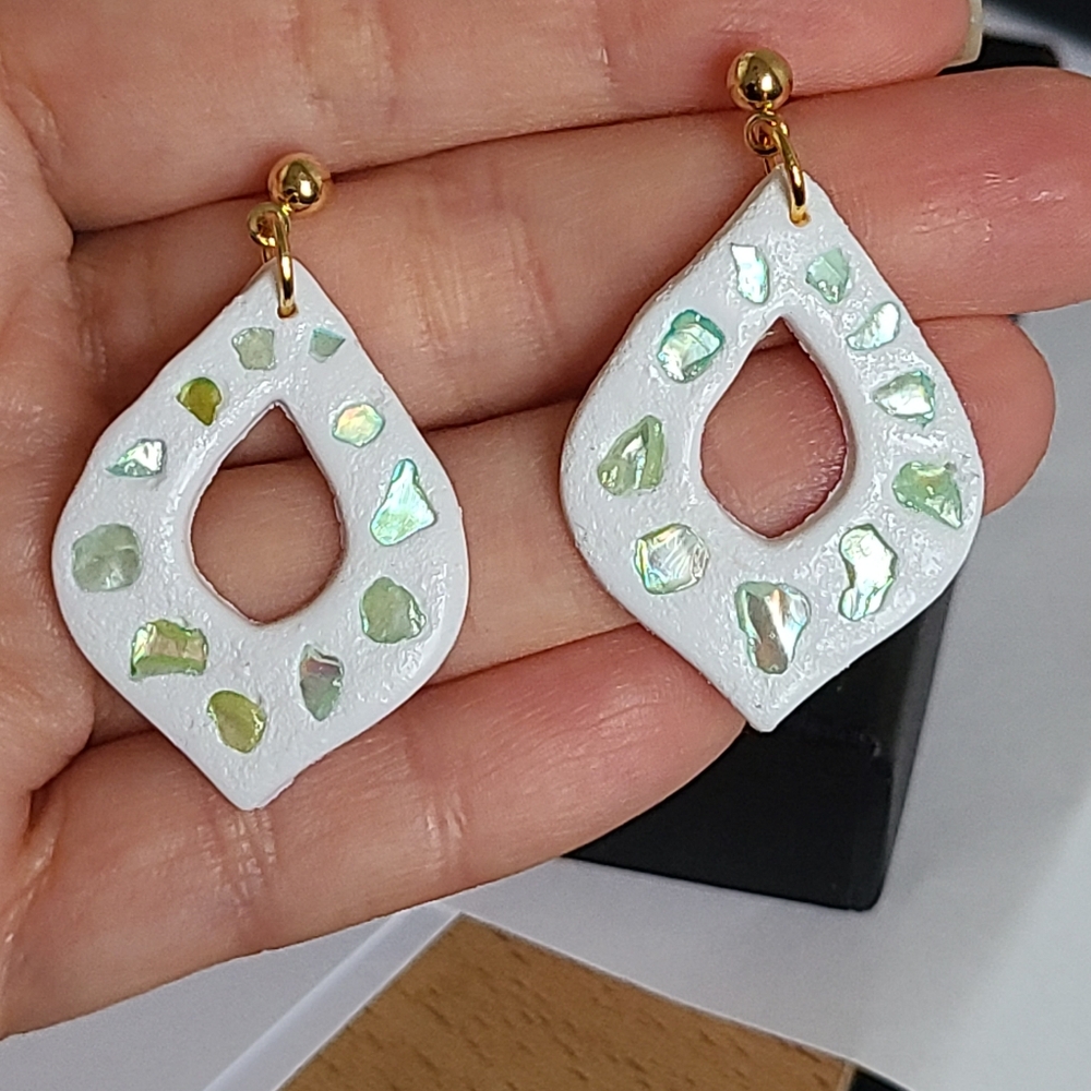 Handmade Boho Green Shell Gold Ball Stud Beachy White Drop Dangle Earrings